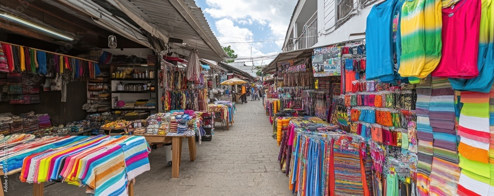 Obraz premium A vibrant market scene filled with colorful textiles and goods for sale.