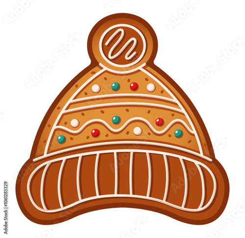 Gingerbread winter hat decorated with sweet glaze flat color vector object. Homemade cookie for Christmas celebration illustration on white