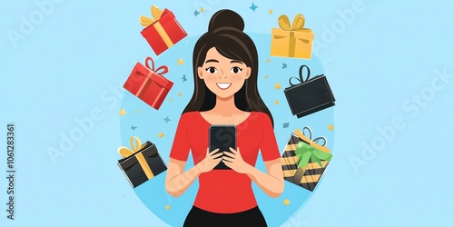 Woman holding phone, Black Friday discounts, and sale tags popping up, flat design illustration photo