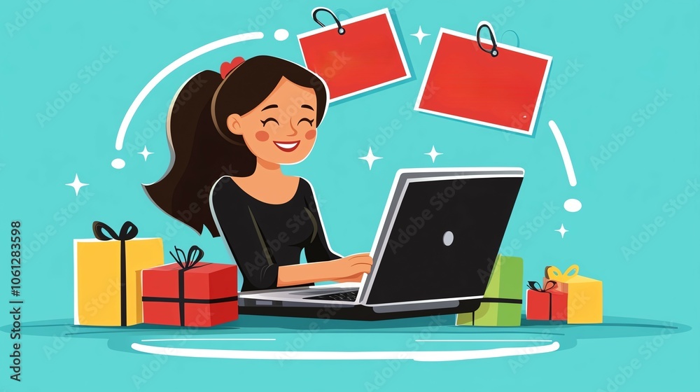 Woman with laptop, Black Friday sale icons and deal tags, flat design illustration Woman with laptop, Black Friday sale icons and deal tags, flat design illustration