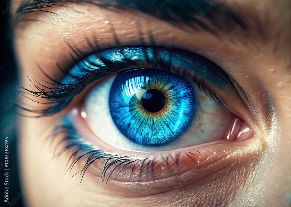 Fototapeta premium Tilt-shift magic reveals a miniature world with a captivating blue eye, a glimpse into another reality.