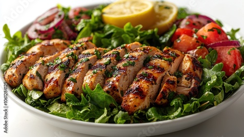 Healthy grilled chicken breast on a bed of fresh greens with tomatoes, red onions, and lemon, perfect for a nutritious meal concept.