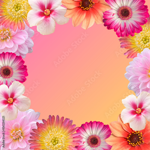 Colorful Floral Frame of Blooming Flowers and Petals in a Spring Garden Background