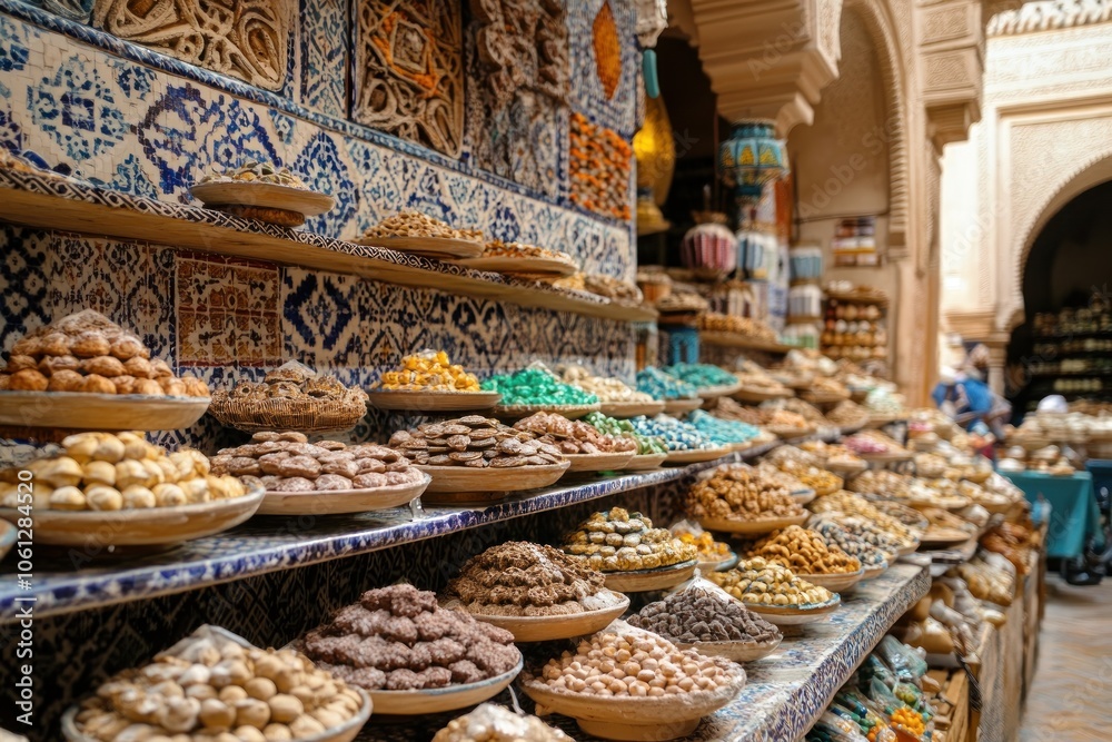 A vibrant display of colorful sweets and pastries in a traditional market setting. A vibrant display of colorful sweets and pastries in a traditional market setting.