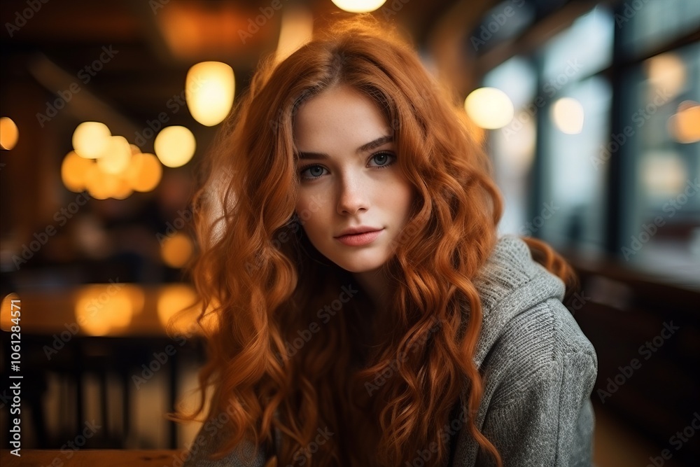 Portrait of a beautiful young redhead woman sitting in cafe. Portrait of a beautiful young redhead woman sitting in cafe.