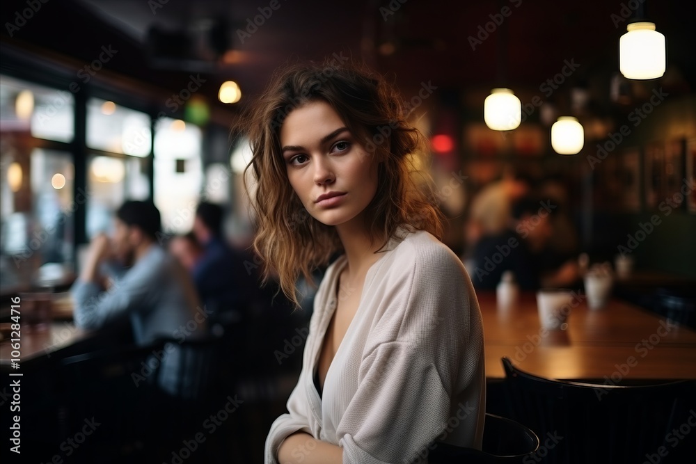 Portrait of a beautiful young woman sitting in a cafe, looking at camera. Portrait of a beautiful young woman sitting in a cafe, looking at camera.