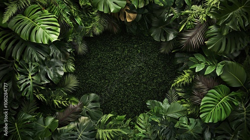 Fototapeta Naklejka Na Ścianę i Meble -  15.A dynamic frame made from tropical jungle liana vines, creeping branches, and thick monstera leaves, with tendrils climbing intricately around the border, evoking the wild beauty of the rainforest.