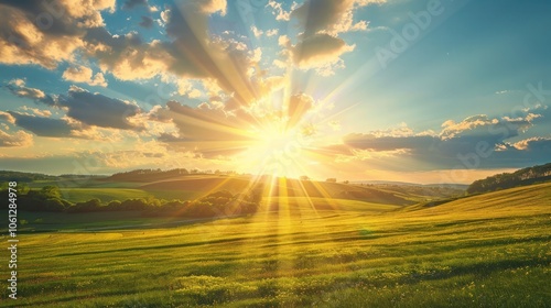 Bright sunburst over a serene countryside scene with soft, rolling hills and ample space in the sky for personalized content