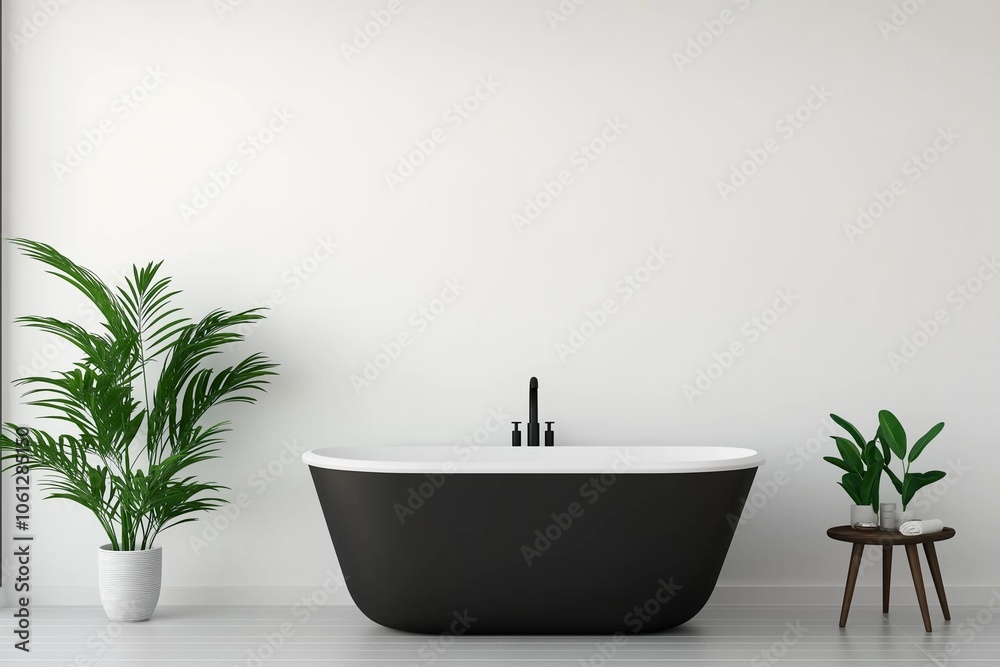Fototapeta premium A sleek, contemporary black bathtub situated in a minimalist bathroom, accented by lush green plants and a simple side table, creating a serene atmosphere.