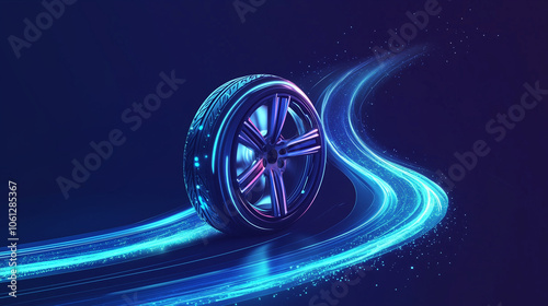 Futuristic Car Tire with Neon Light Trails Illustrating Speed and Motion in Dark Background