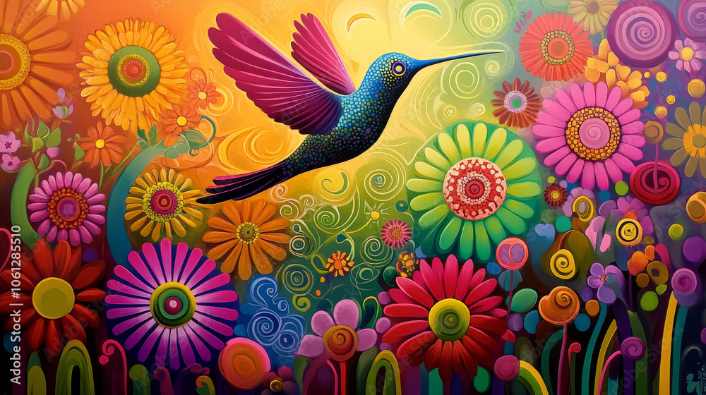 Fototapeta premium Vibrant Hummingbird and Floral Fantasy Illustration