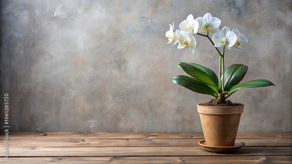 Single potted orchid with dark green leaves and white blooms in a small terracotta pot on a wooden desk, foliage, potted plants, small plants Single potted orchid with dark green leaves and white blooms in a small terracotta pot on a wooden desk, foliage, potted plants, small plants