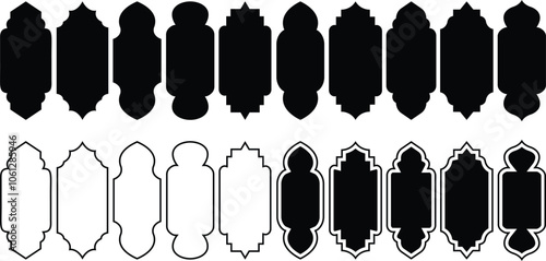 Different shapes vintage frames. Islamic vector shapes of a window or door arch. Vintage frames, collection of retro labels, badges.  Ramadan window frame set