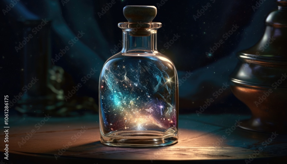 Luminescent bottle of captured starlight, ethereal glow within glass confines, magical vessel containing celestial essence. Luminescent bottle of captured starlight, ethereal glow within glass confines, magical vessel containing celestial essence.
