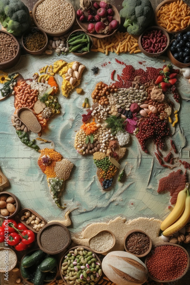 A diverse array of foods from around the world, culinary representation of global diversity, rich and vibrant ingredients on display. A diverse array of foods from around the world, culinary representation of global diversity, rich and vibrant ingredients on display.