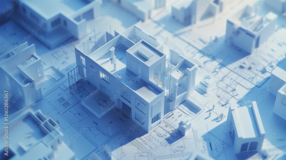 Architectural floor plan with a 3D model of a room on top of blueprint layouts Architectural floor plan with a 3D model of a room on top of blueprint layouts