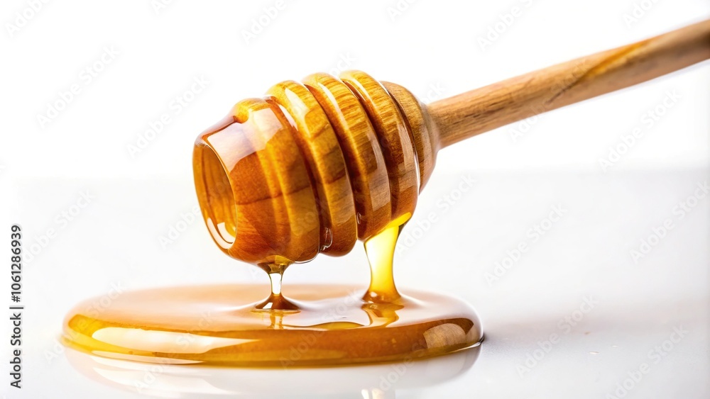 thick honey slowly dripping from a wooden dipper against a bright white background, showcasing the golden hue and glossy texture of the natural sweetener, artistic shot, golden hue, organic