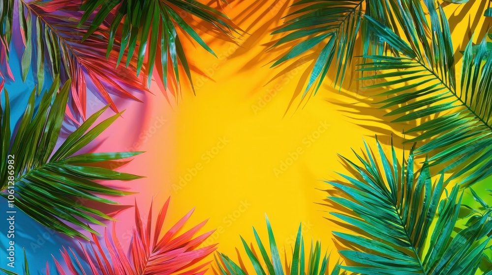 Vibrant Tropical Leaves on Colorful Background Vibrant Tropical Leaves on Colorful Background
