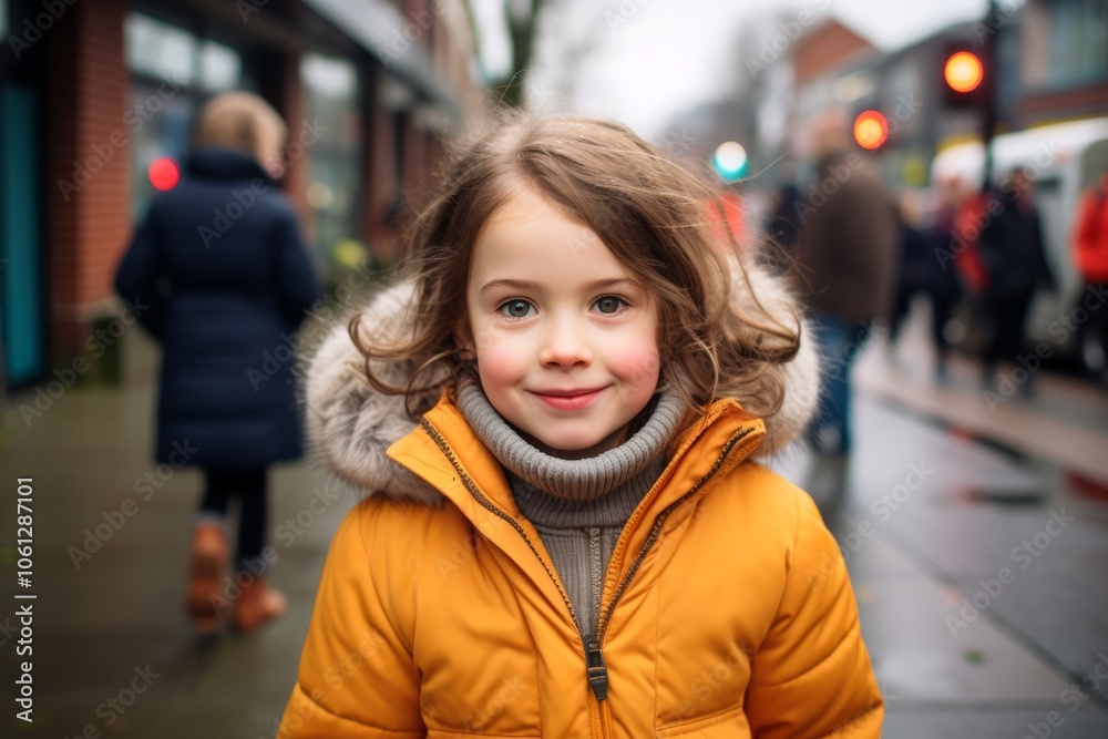 Portrait of a cute little girl in a yellow jacket on the street Portrait of a cute little girl in a yellow jacket on the street