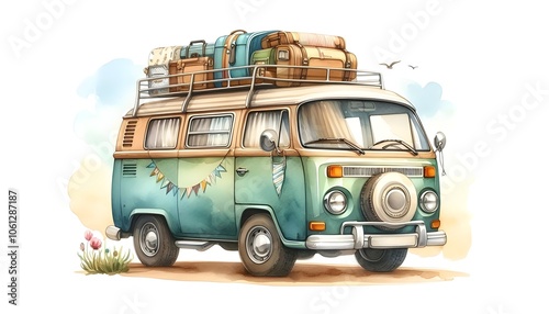 an illustration of a campervan painted using watercolor style, white background photo