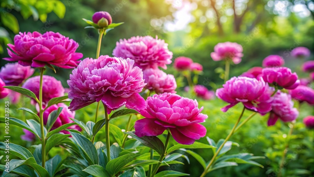 Vibrant peony flowers in a lush garden surrounded by greenery and tall stems, garden decor, flower fields, floral arrangement