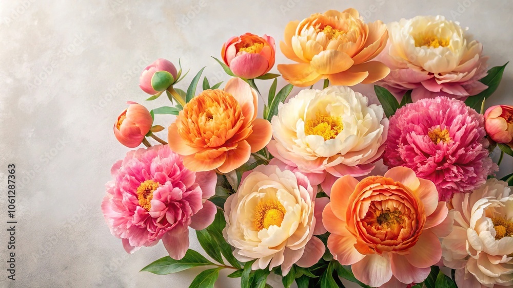 Vibrant peony flowers in shades of coral, salmon, and yellow on a white background with subtle texture, spring flowers, garden inspiration Vibrant peony flowers in shades of coral, salmon, and yellow on a white background with subtle texture, spring flowers, garden inspiration