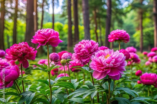 Vibrant peony flowers blooming in a lush garden amidst tall trees and vibrant greenery, blooming, delicate, gardenia photo