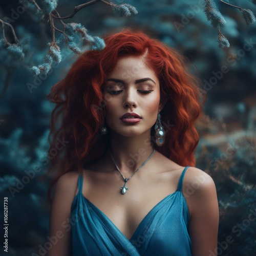 woman with closed eyes pale face brick-colored hair blue dress. dark background. pale 
