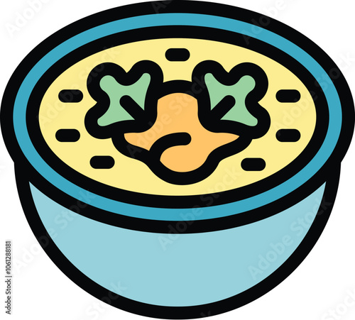 Simple vector icon of a bowl of soup with vegetables and broth being served for dinner