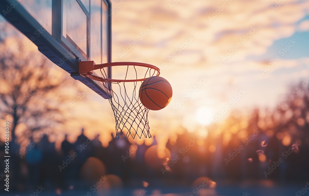 Basketball Swish at Sunset with Blurred Crowd Basketball Swish at Sunset with Blurred Crowd