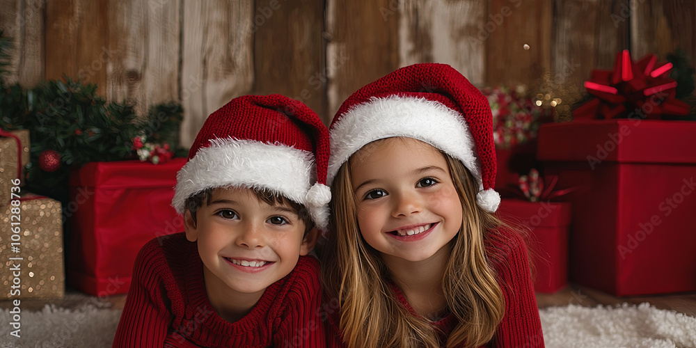 A boy and girl in Christmas hats are smiling at the camera, wearing red sweaters, with gifts behind them, generative AI A boy and girl in Christmas hats are smiling at the camera, wearing red sweaters, with gifts behind them, generative AI