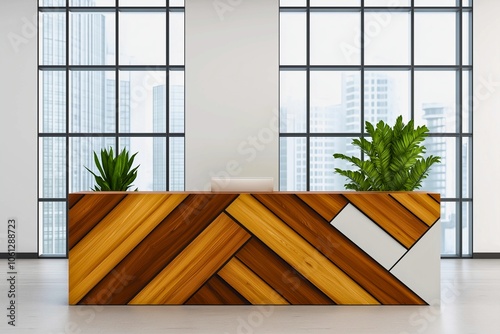 A stylish reception desk made of wooden patterns with green plants on either side, standing in a bright, modern office with large windows showing a cityscape view. photo