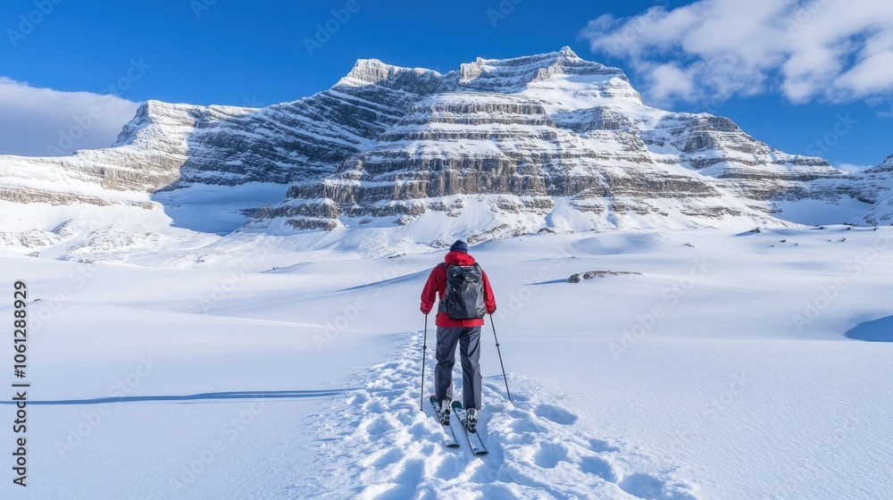 Skier Exploring Scenic Winter Mountain Landscape Skier Exploring Scenic Winter Mountain Landscape
