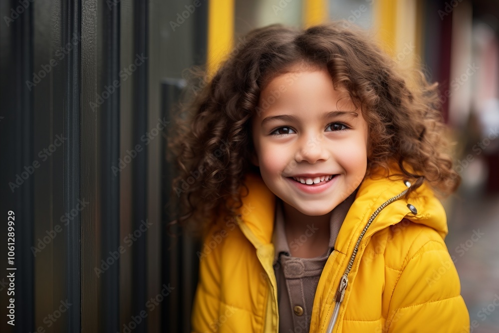 portrait of smiling little girl in yellow jacket on street, outdoors portrait of smiling little girl in yellow jacket on street, outdoors