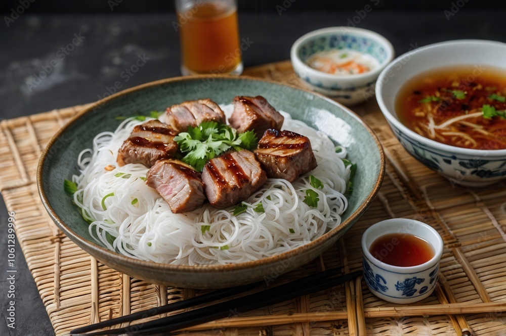 A portion of tasty bun cha featuring grilled pork and rice noodles A portion of tasty bun cha featuring grilled pork and rice noodles