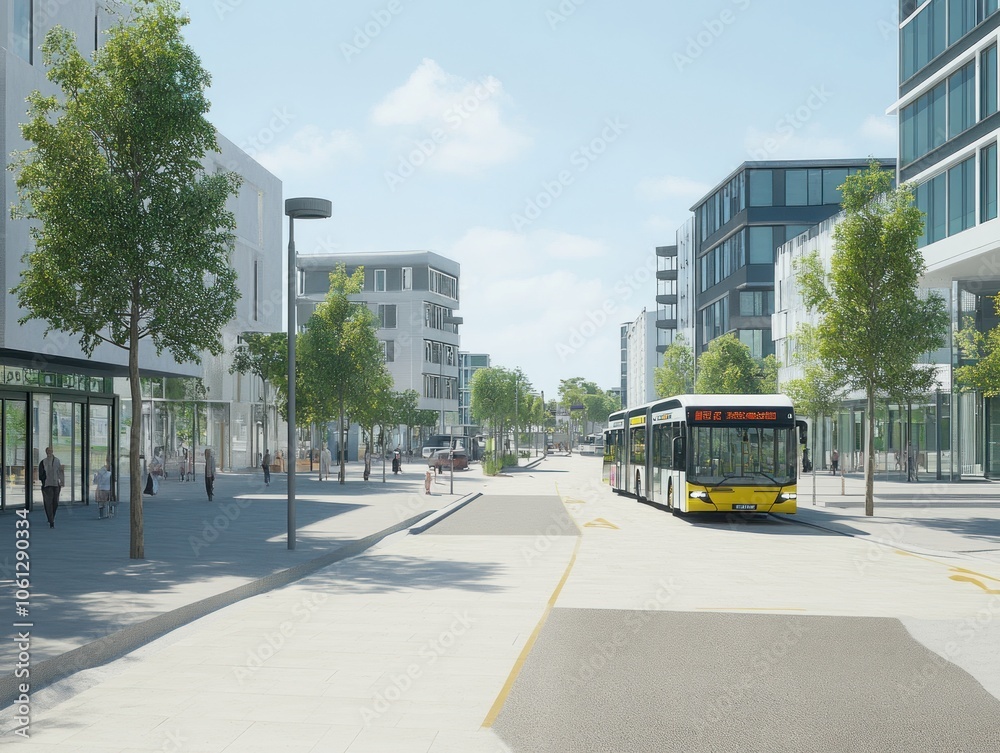 A modern urban street scene featuring a bus, trees, and contemporary buildings. A modern urban street scene featuring a bus, trees, and contemporary buildings.