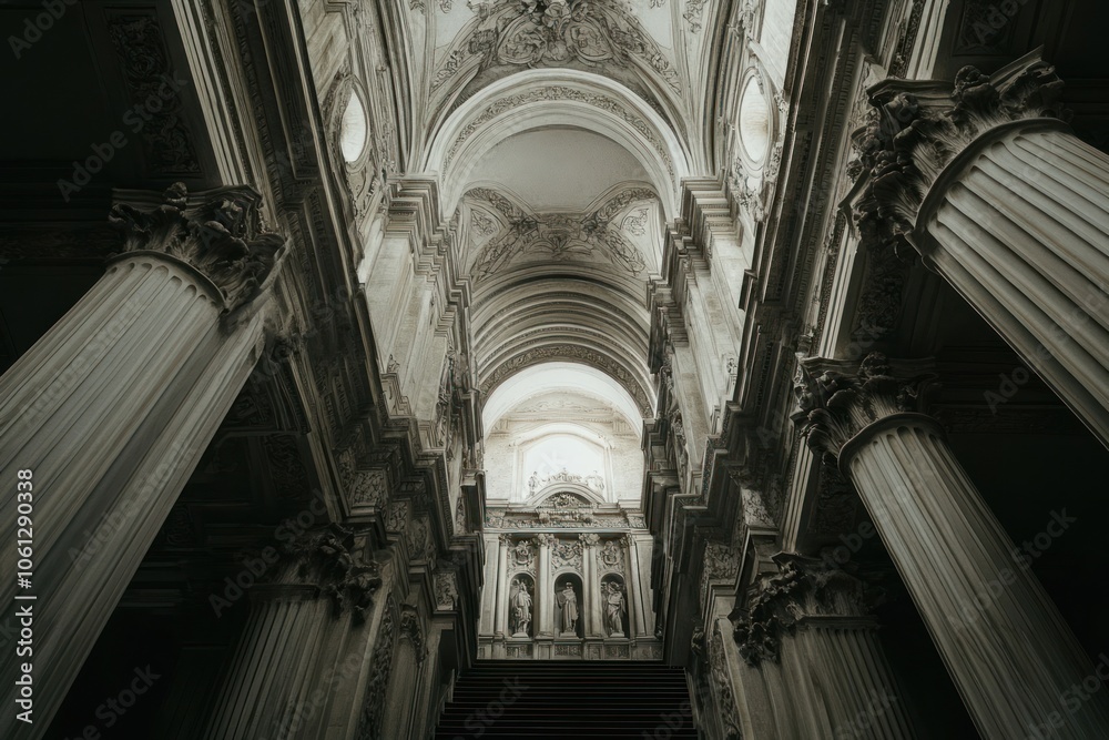 A grand staircase with ornate columns and intricate ceiling artwork. A grand staircase with ornate columns and intricate ceiling artwork.