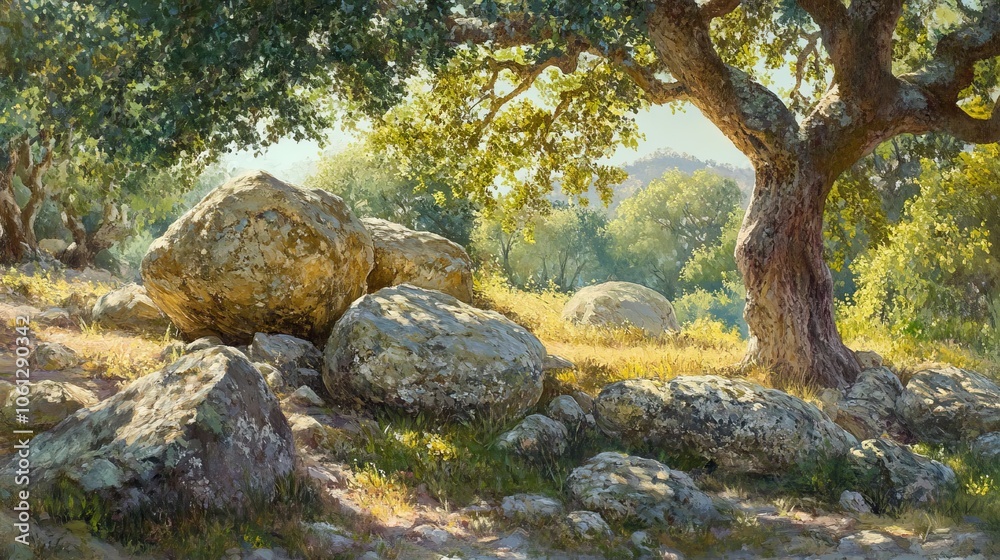 Large granite boulders and rocks in dappled sunlight under live oak tree, granite, boulders, rocks, dappled sunlight Large granite boulders and rocks in dappled sunlight under live oak tree, granite, boulders, rocks, dappled sunlight