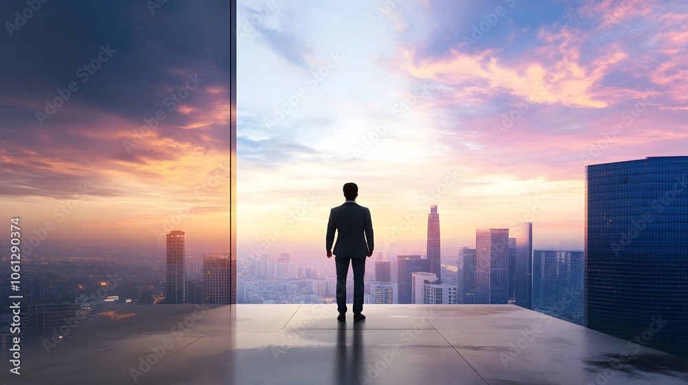 Fototapeta premium Business leader reflects on cityscape