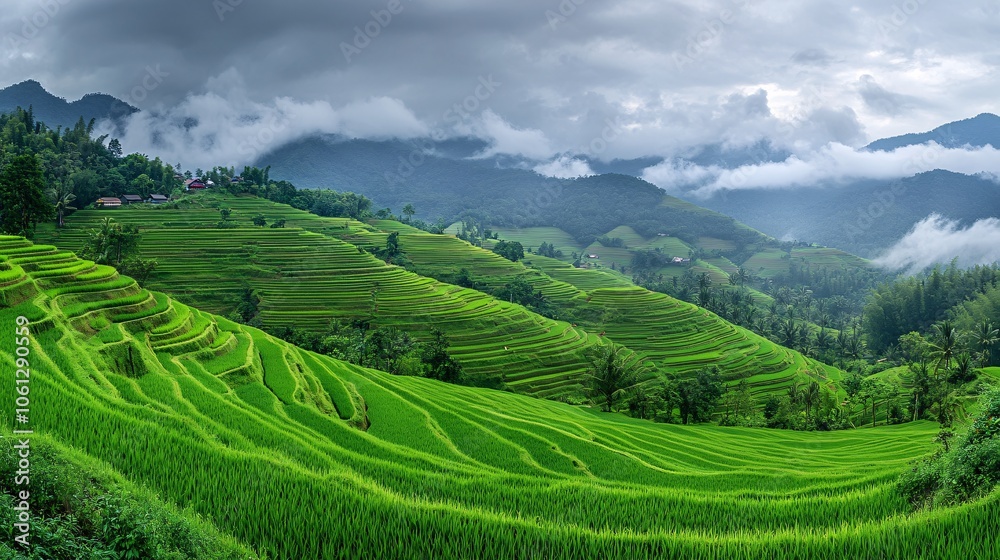 15.Endless layers of vibrant green rice paddies, cascading down the hills of Mae Chaem, glistening under the rain, with distant clouds hovering over the tranquil village scenery. 15.Endless layers of vibrant green rice paddies, cascading down the hills of Mae Chaem, glistening under the rain, with distant clouds hovering over the tranquil village scenery.
