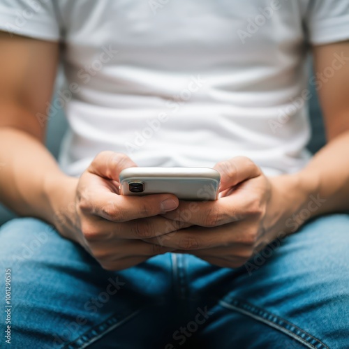 Front view of hands using smartphone with white background