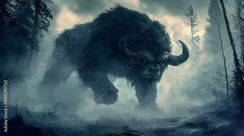 A menacing beast emerges from the mist in a dark forest. Behemoth Beast. Illustration