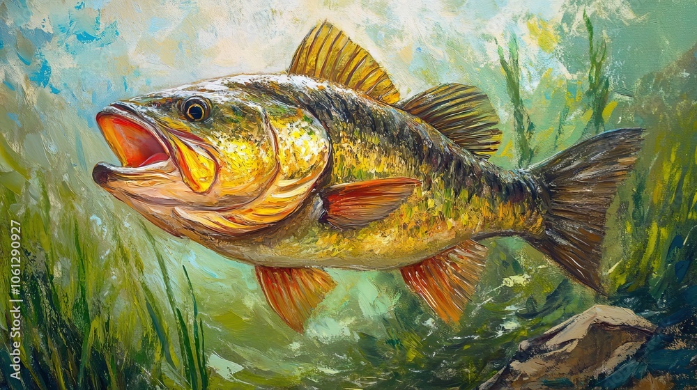 Fishing trophy - big freshwater perch in water on green background. Fishing trophy - big freshwater perch in water on green background.