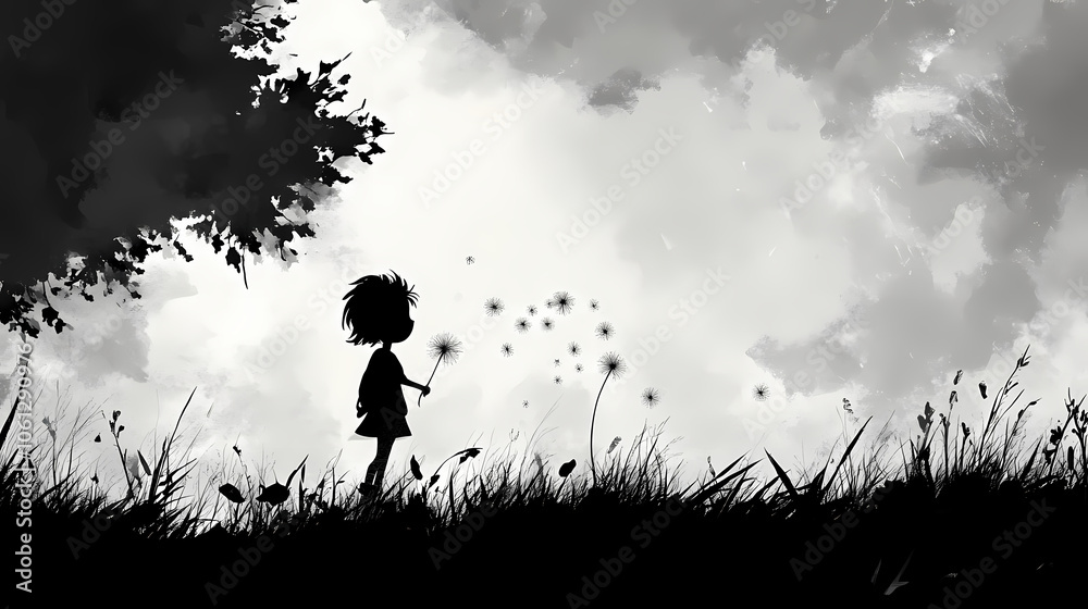 A child s delighted dandelion moment capturing the simple pleasures of nature s wonders in a silhouette. Wind Spirit. Illustration A child s delighted dandelion moment capturing the simple pleasures of nature s wonders in a silhouette. Wind Spirit. Illustration