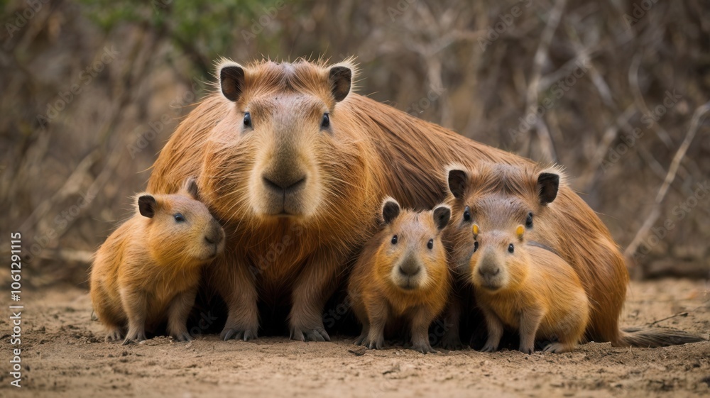 An adorable family of capybaras gathered together An adorable family of capybaras gathered together