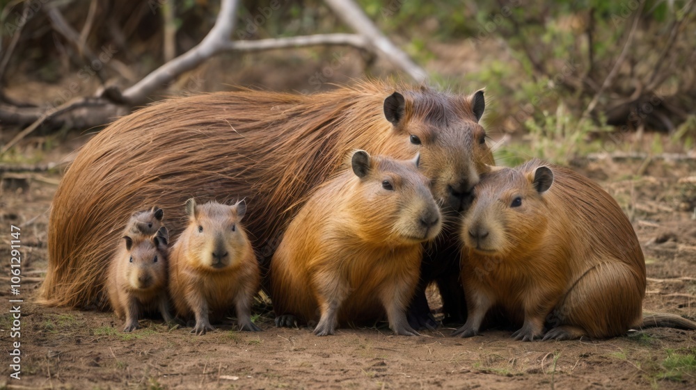 A family of capybaras gathered together A family of capybaras gathered together