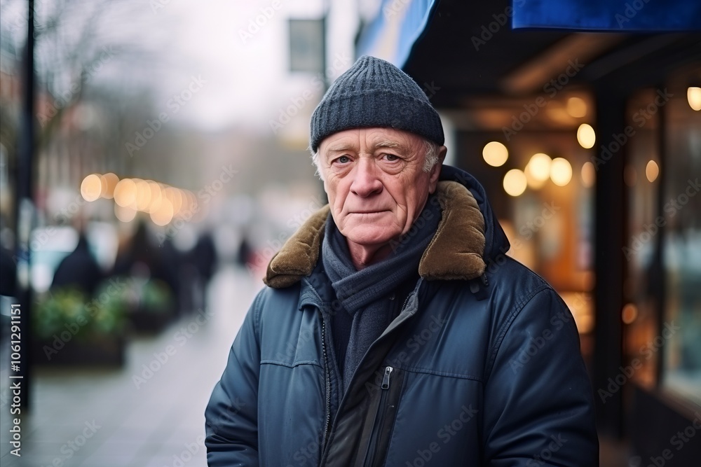 Portrait of a senior man in winter clothes on a city street