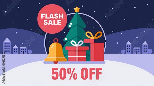Wallpaper Mural Christmas Tree with Gifts, Bell, and "Flash Sale" Banner Torontodigital.ca
