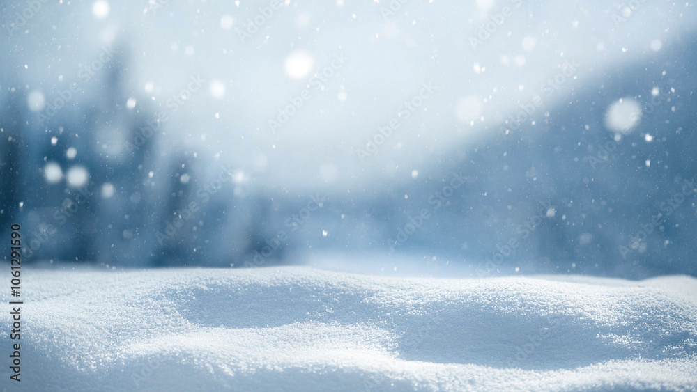 Winter landscape with falling snowflakes and snow drifts. Christmas background with copy space