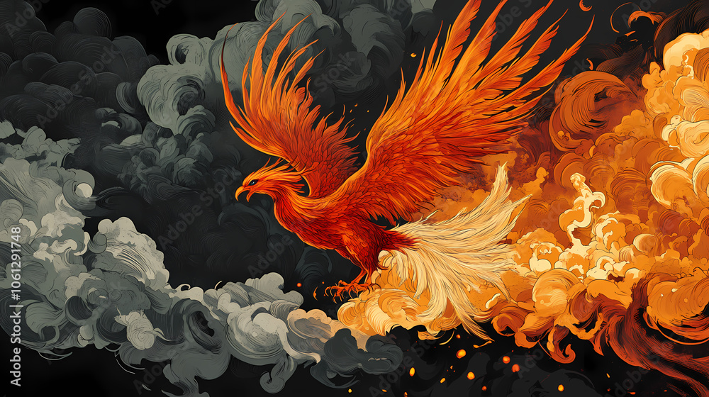 A fiery phoenix rises from the ashes surrounded by flames and smoke. Flaming Phoenix. Illustration A fiery phoenix rises from the ashes surrounded by flames and smoke. Flaming Phoenix. Illustration